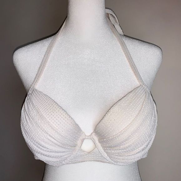 Victorias Secret Bikini Top White 34D Halter Push Up Bridal Textured Gold - Picture 1 of 7